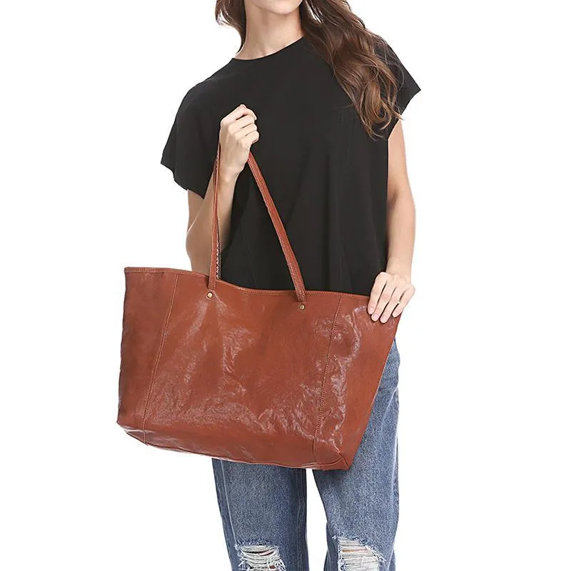 16" Womens Brown Leather Tote Bag Black Womens Handbag Shopper Bag Purse for Ladies