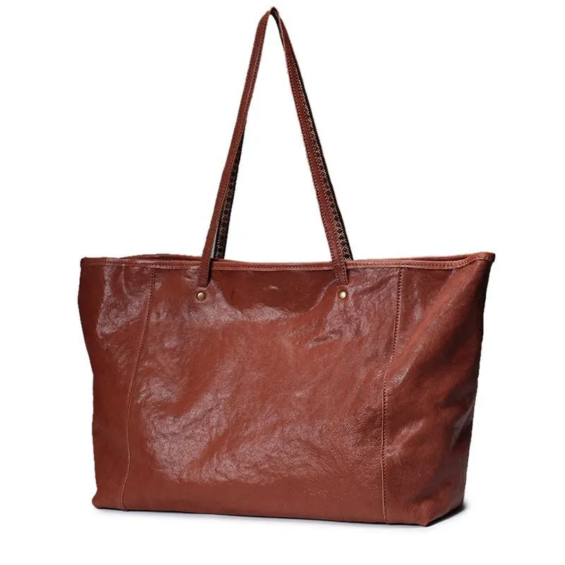 16" Womens Brown Leather Tote Bag Black Womens Handbag Shopper Bag Purse for Ladies