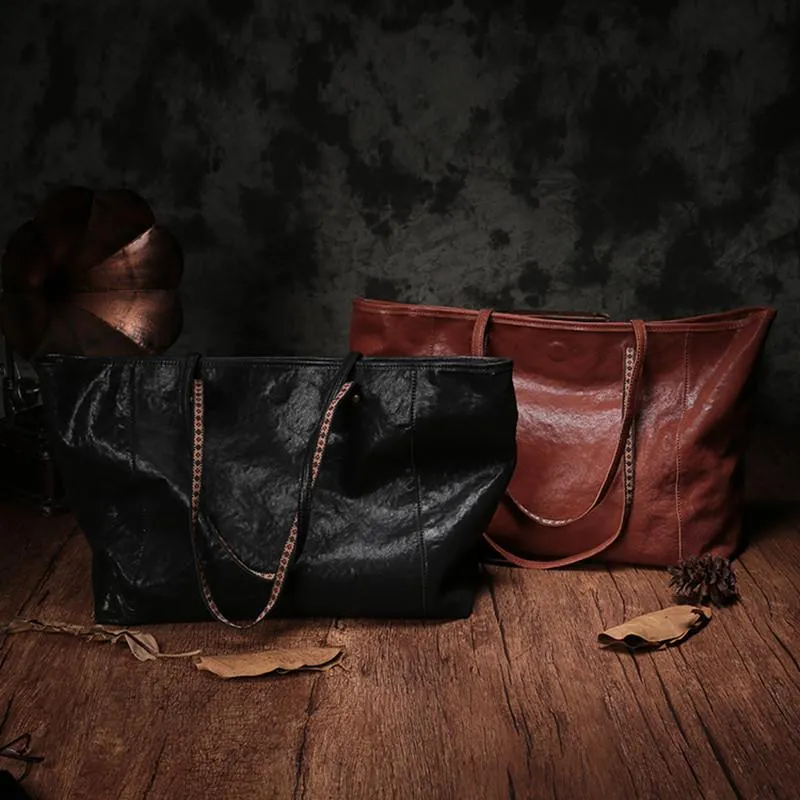 16" Womens Brown Leather Tote Bag Black Womens Handbag Shopper Bag Purse for Ladies