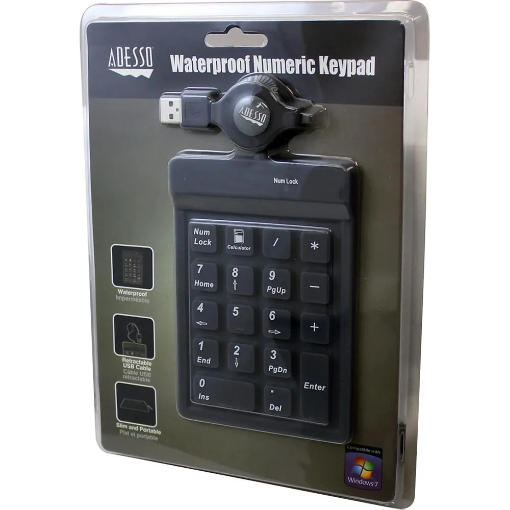 Adesso 18 Key USB Waterproof Numeric Keypad with Retractable Cable
