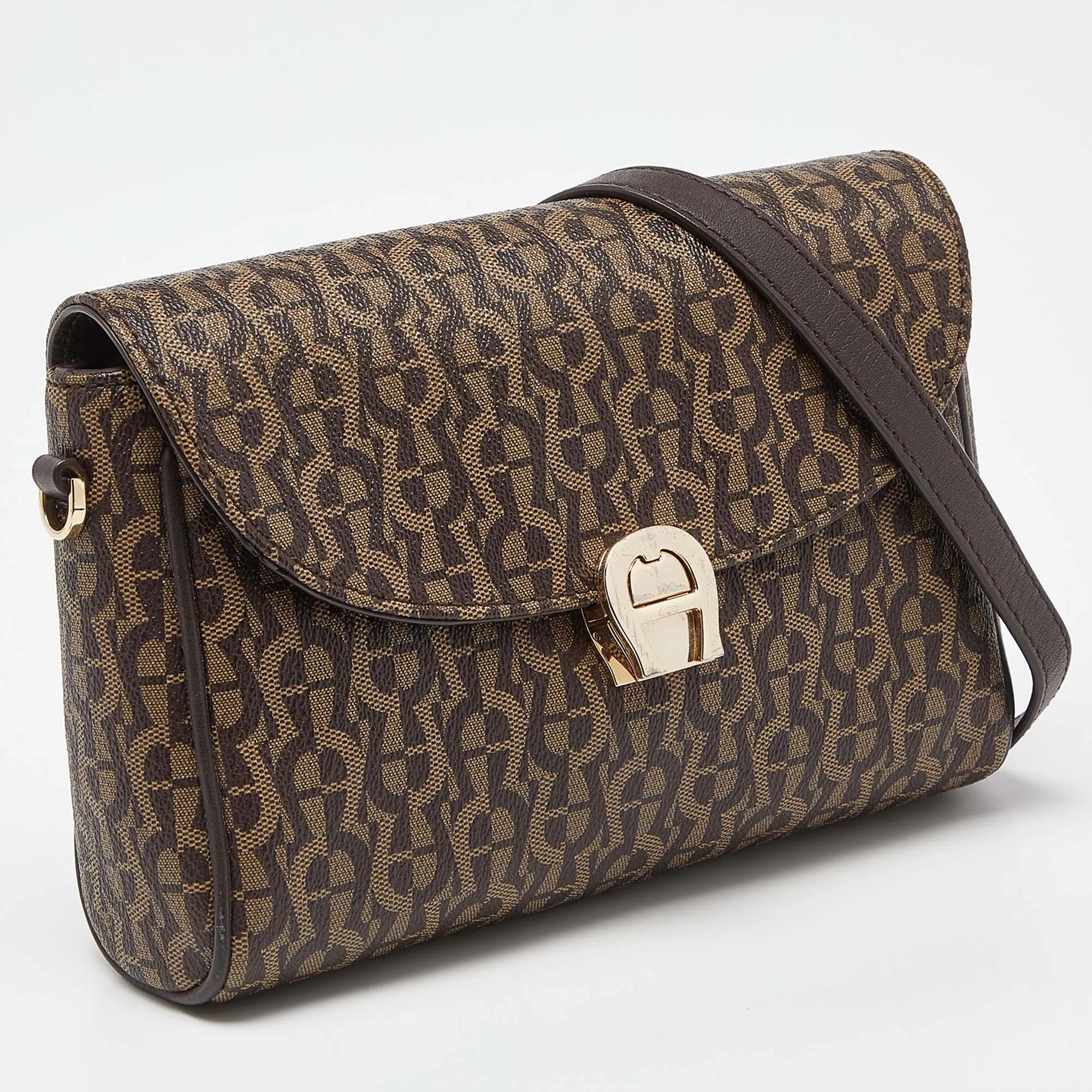 AIGNER Brown Coated Canvas and Leather Crossbody Bag