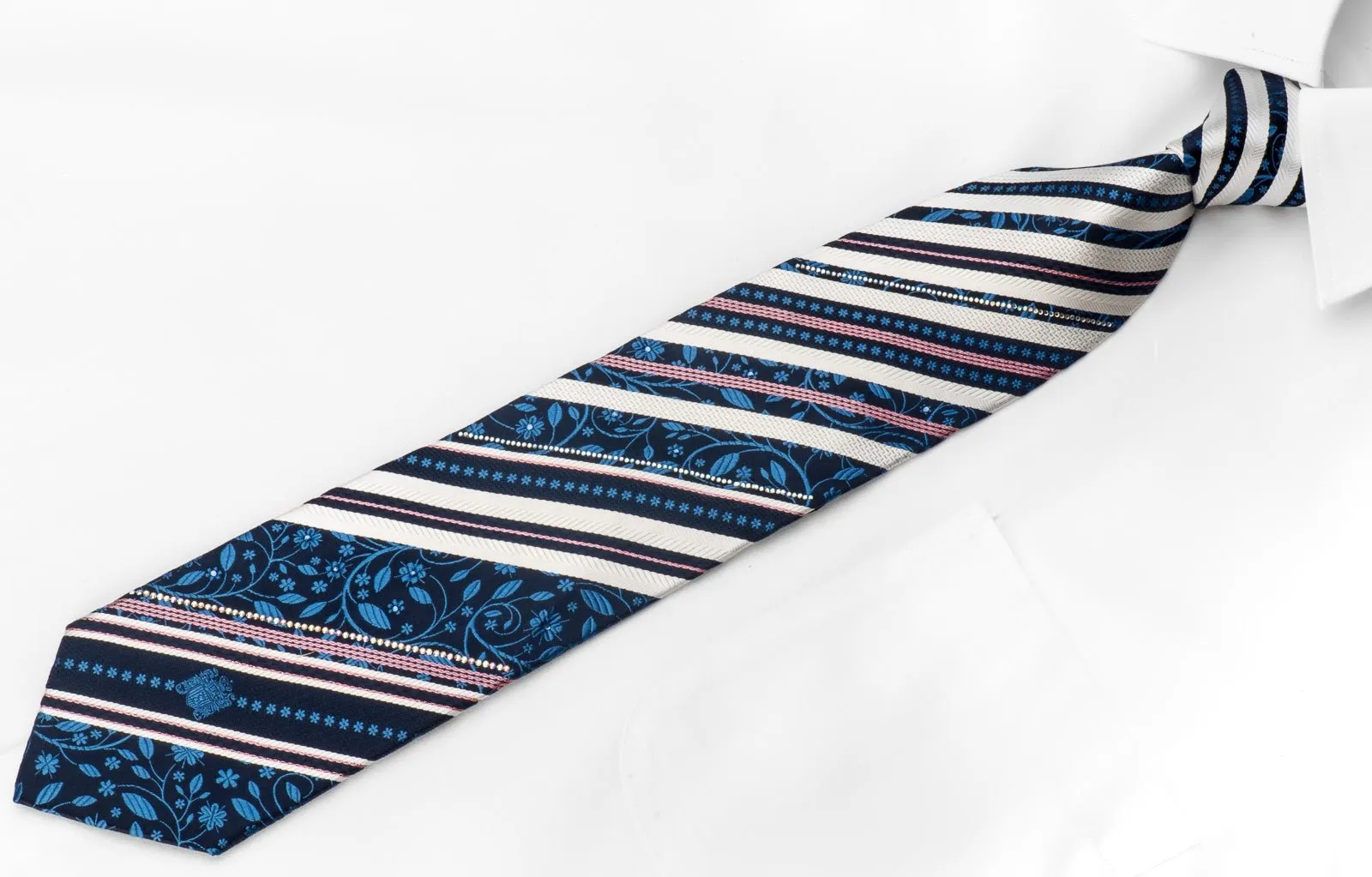 Aquascutum Men's Crystal Rhinestone Tie White Striped Floral On Navy Silk With Purple Sparkles