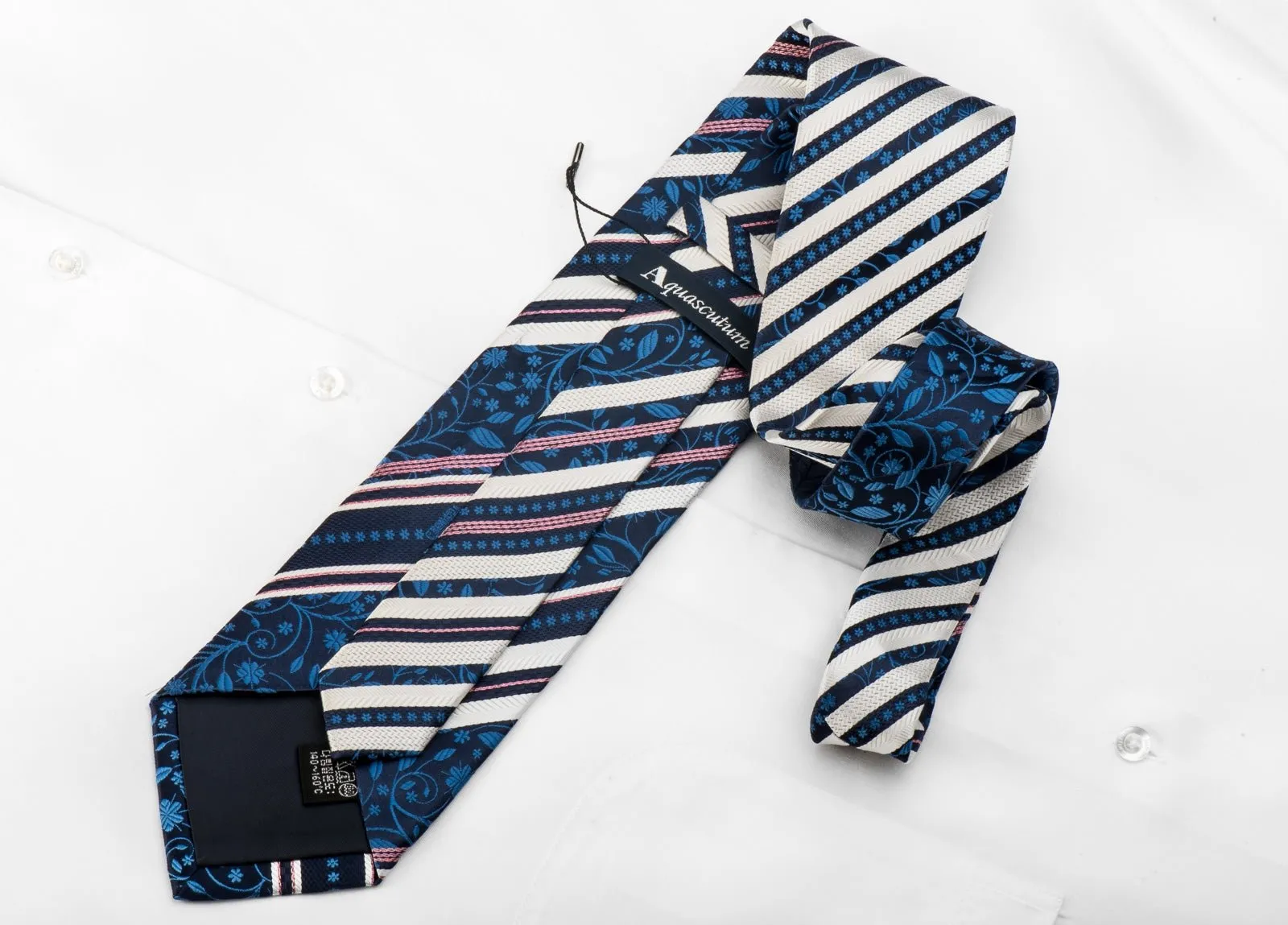 Aquascutum Men's Crystal Rhinestone Tie White Striped Floral On Navy Silk With Purple Sparkles