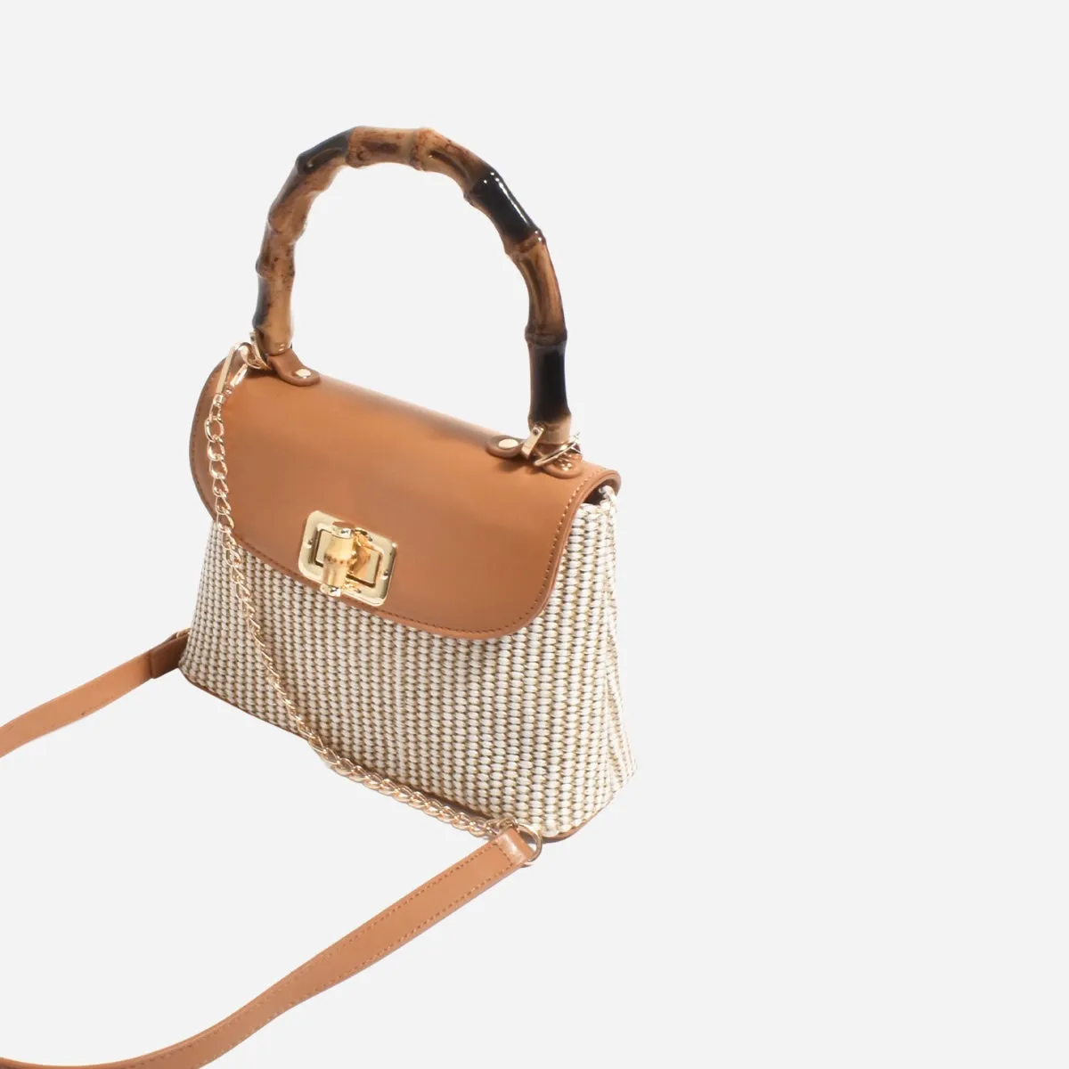 Arianna Woven Bamboo Handle Mini Bag (Camel)