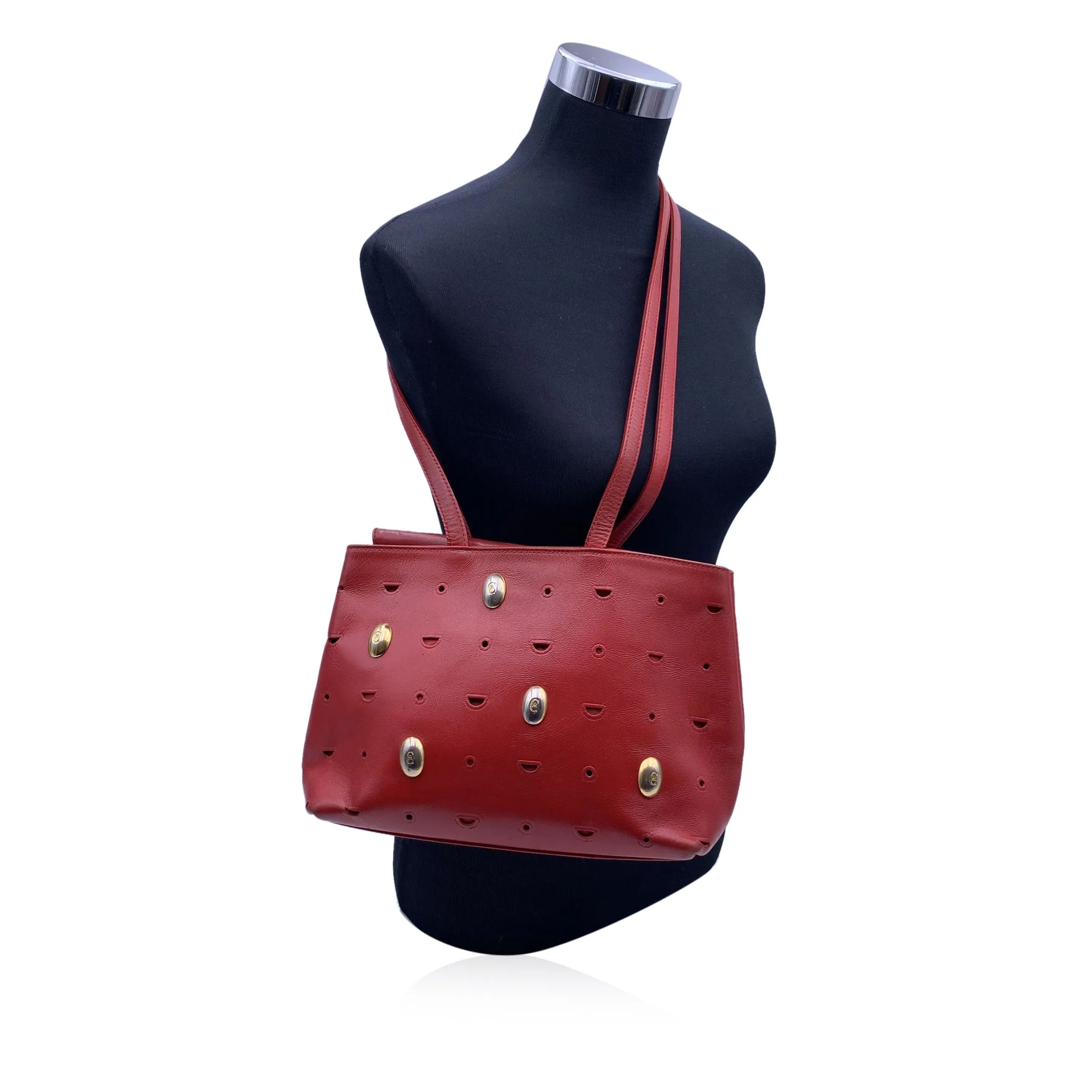 Cerruti 1881 Vintage Red Perforated Leather Tote Shoulder Bag