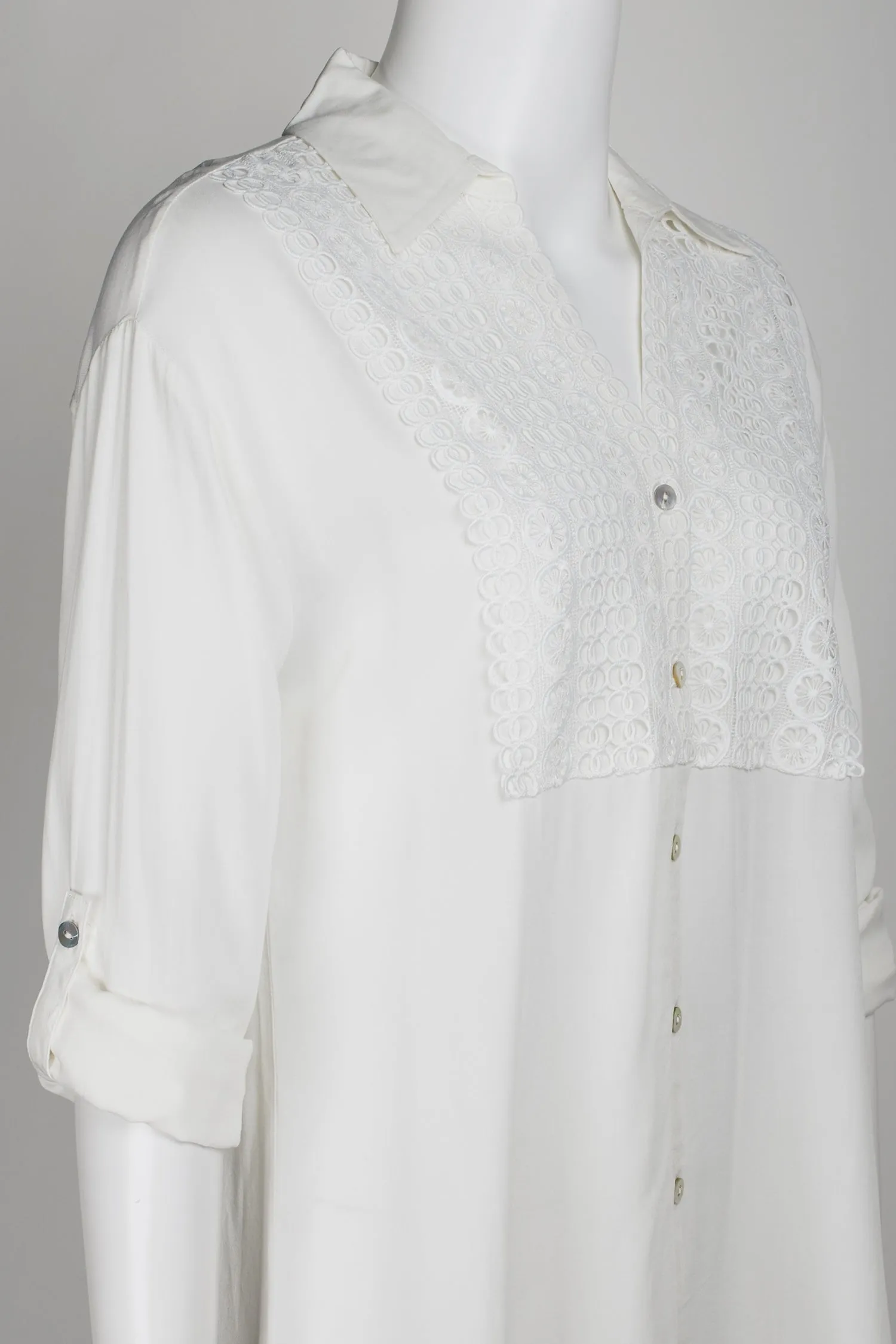 Cupio Collared Button Down 2 Way Sleeve Embellished Hi-Low Hem Viscose Top
