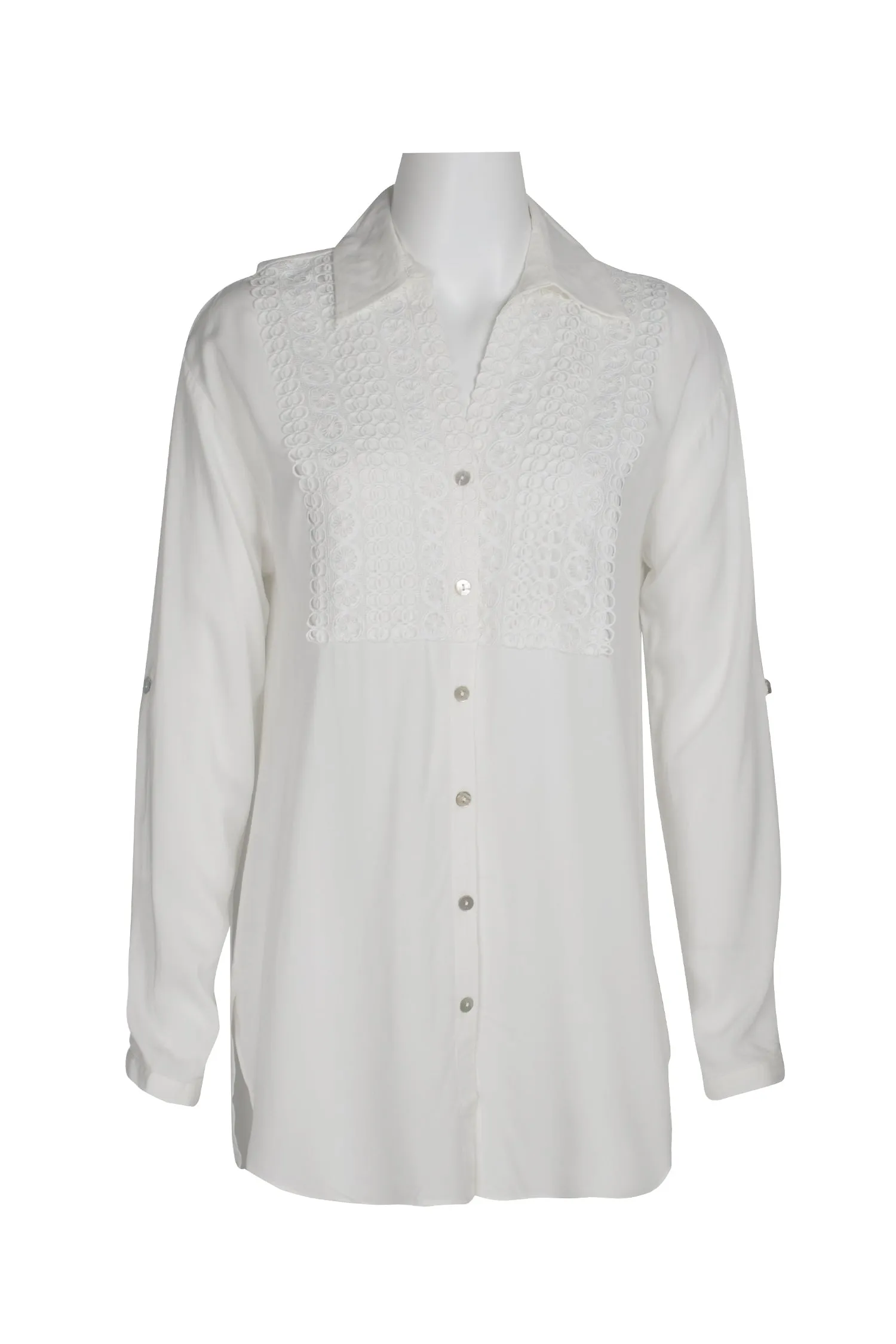 Cupio Collared Button Down 2 Way Sleeve Embellished Hi-Low Hem Viscose Top