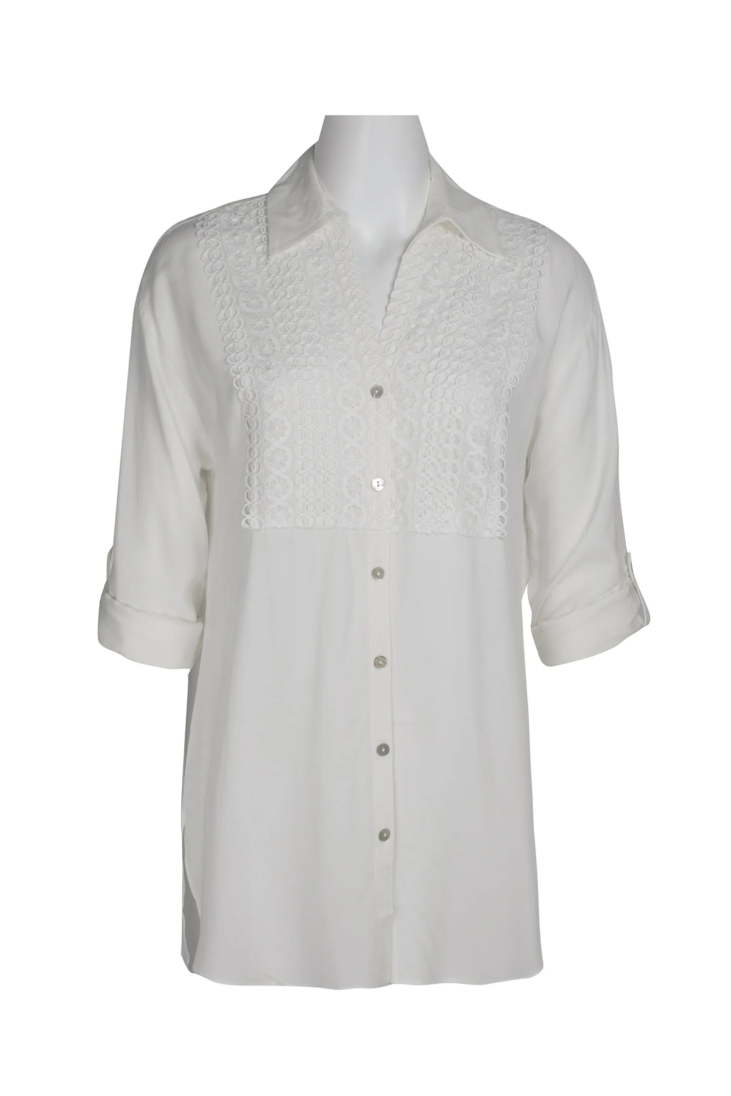 Cupio Collared Button Down 2 Way Sleeve Embellished Hi-Low Hem Viscose Top
