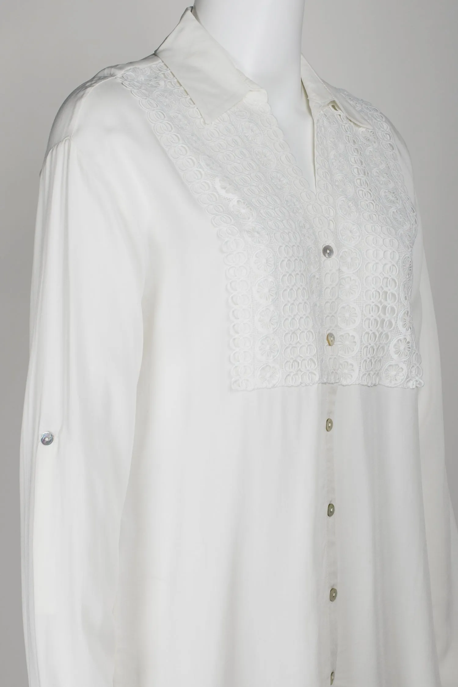Cupio Collared Button Down 2 Way Sleeve Embellished Hi-Low Hem Viscose Top