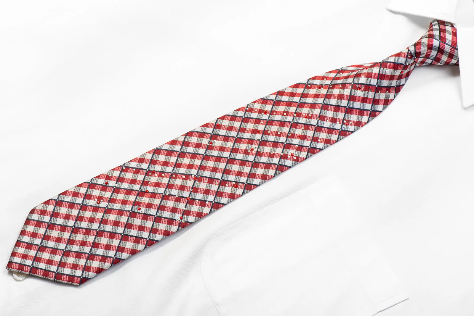 Gold Castle Rhinestone Necktie Burgundy Silver Plaid With Sparkles