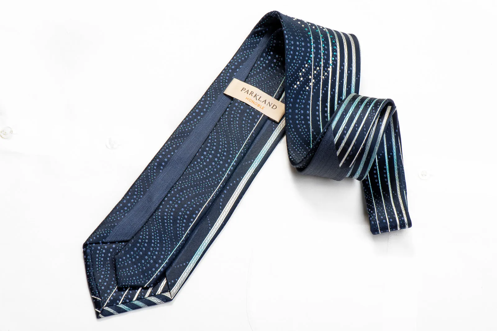 Park Land Mens Rhinestone Tie Vertical Stiped Waves On Blue With Sparkles