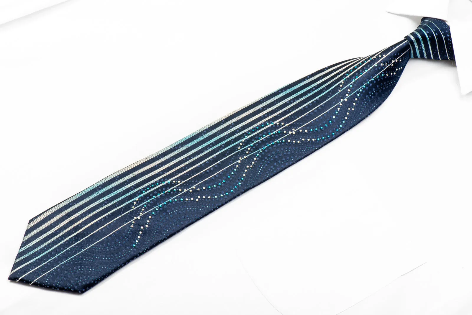 Park Land Mens Rhinestone Tie Vertical Stiped Waves On Blue With Sparkles