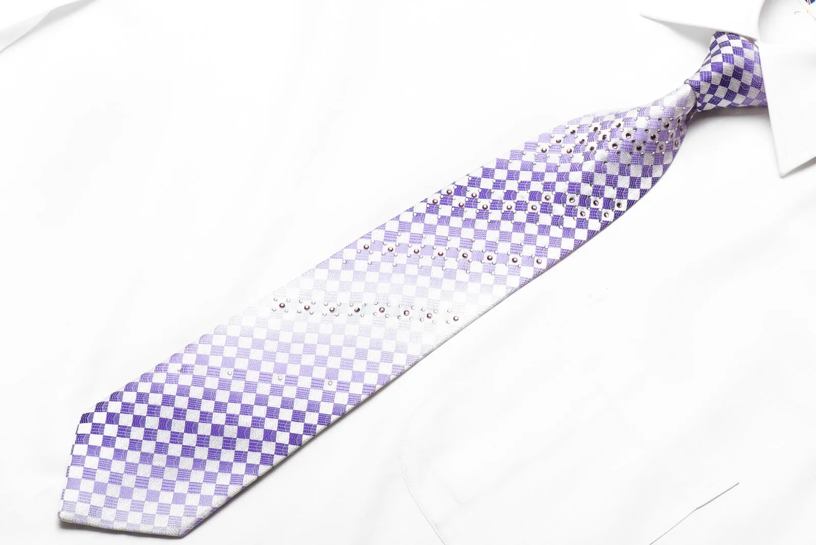 Piccioni Marco Men's Crystal Necktie Mauve White Checkered Sparkling With Rhinestones