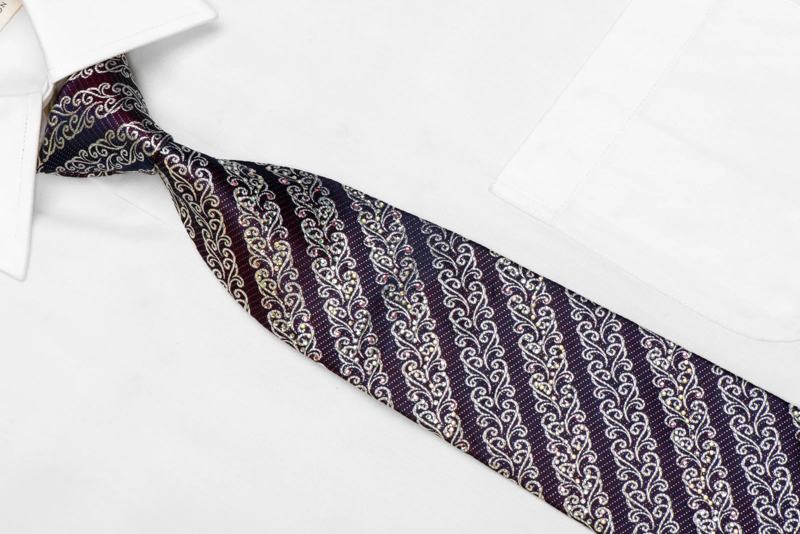 Premierlux Rhinestone Silk Necktie Striped Silver Scrolls On Navy With Sparkles