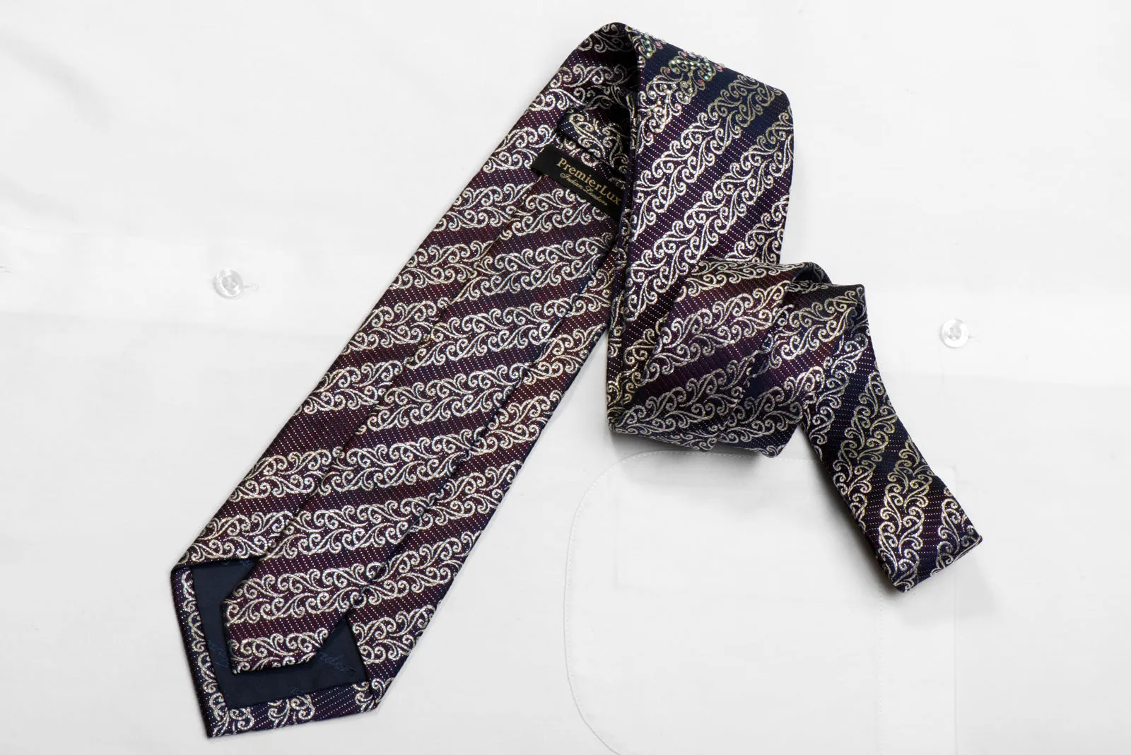 Premierlux Rhinestone Silk Necktie Striped Silver Scrolls On Navy With Sparkles