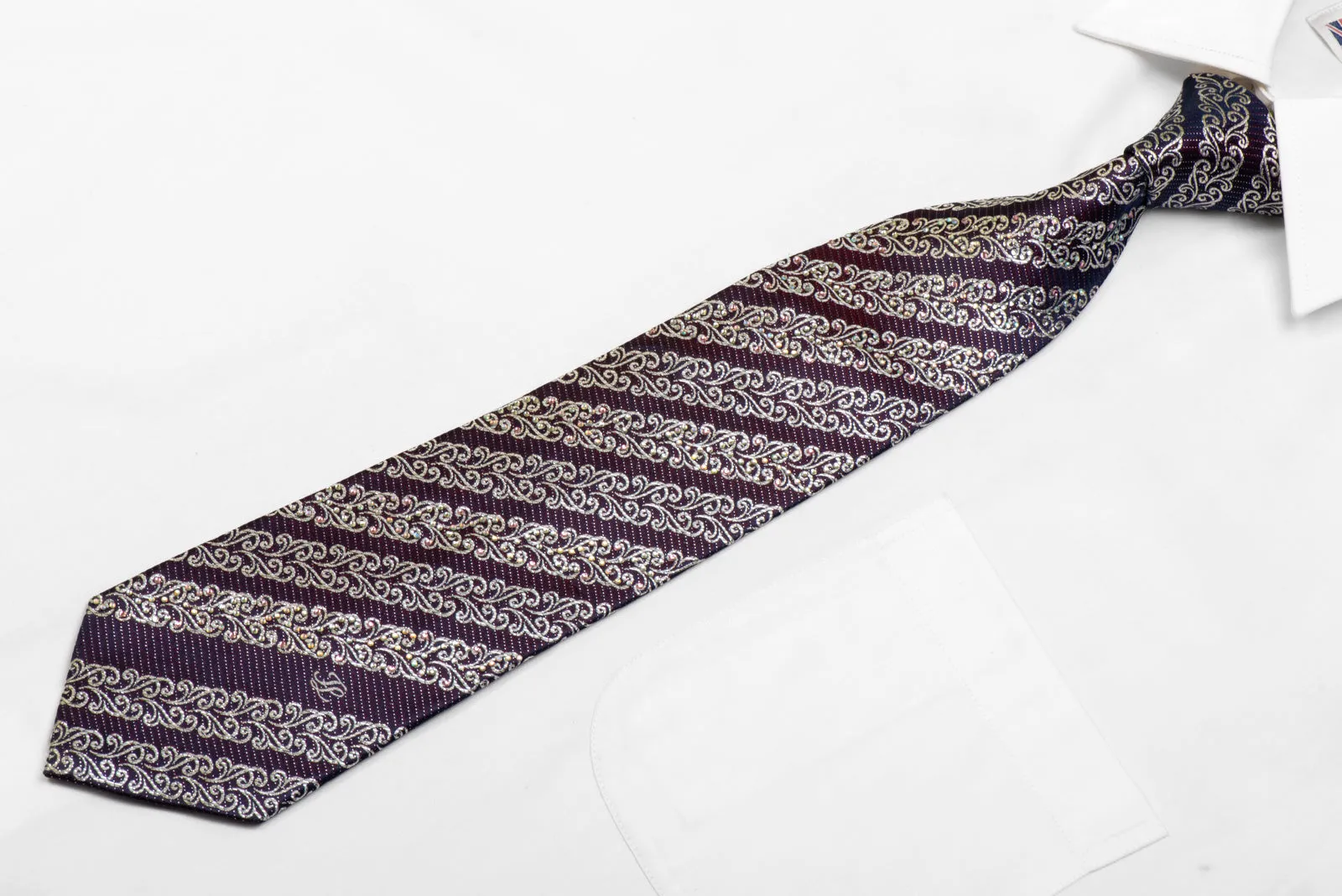 Premierlux Rhinestone Silk Necktie Striped Silver Scrolls On Navy With Sparkles