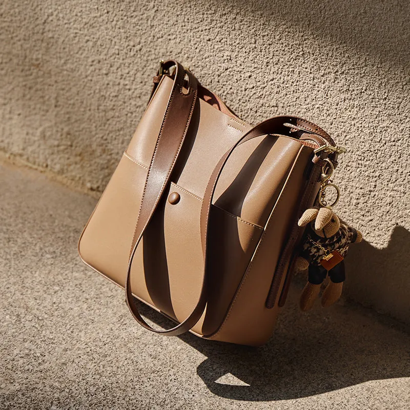 Rabbit Charm Cappuccino Crossbody Bucket Bag