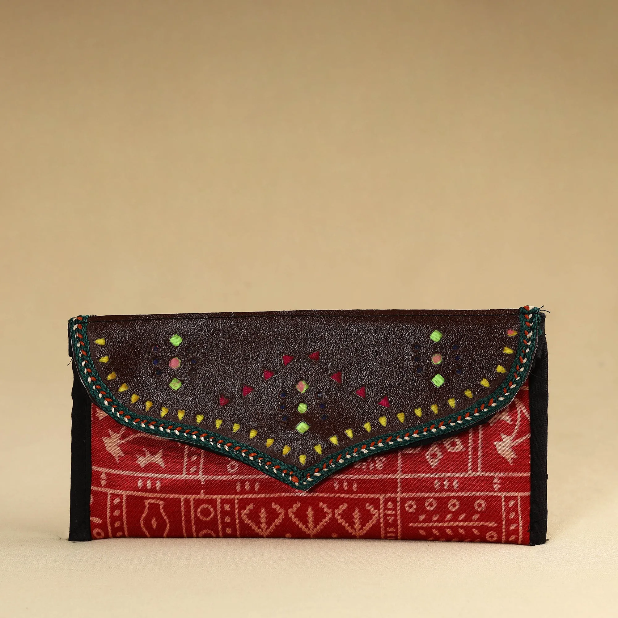 Red - Kutch Embroidery Mashru Silk Handmade Leather Wallet 09