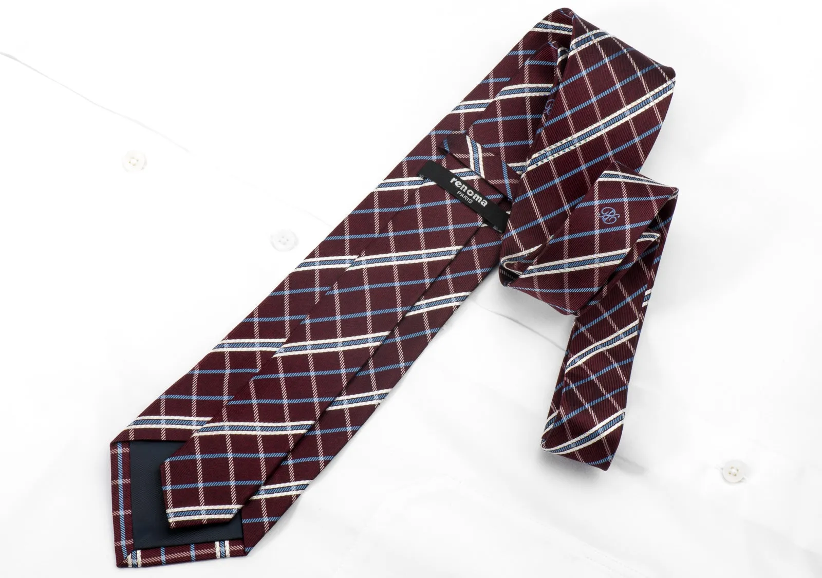 Renoma Men's Rhinestone Silk Necktie Blue Silver Striped On Burgundy With Sparkles