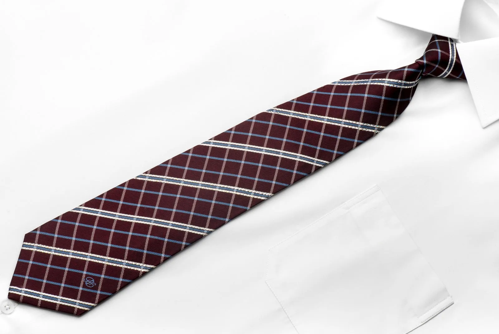 Renoma Men's Rhinestone Silk Necktie Blue Silver Striped On Burgundy With Sparkles