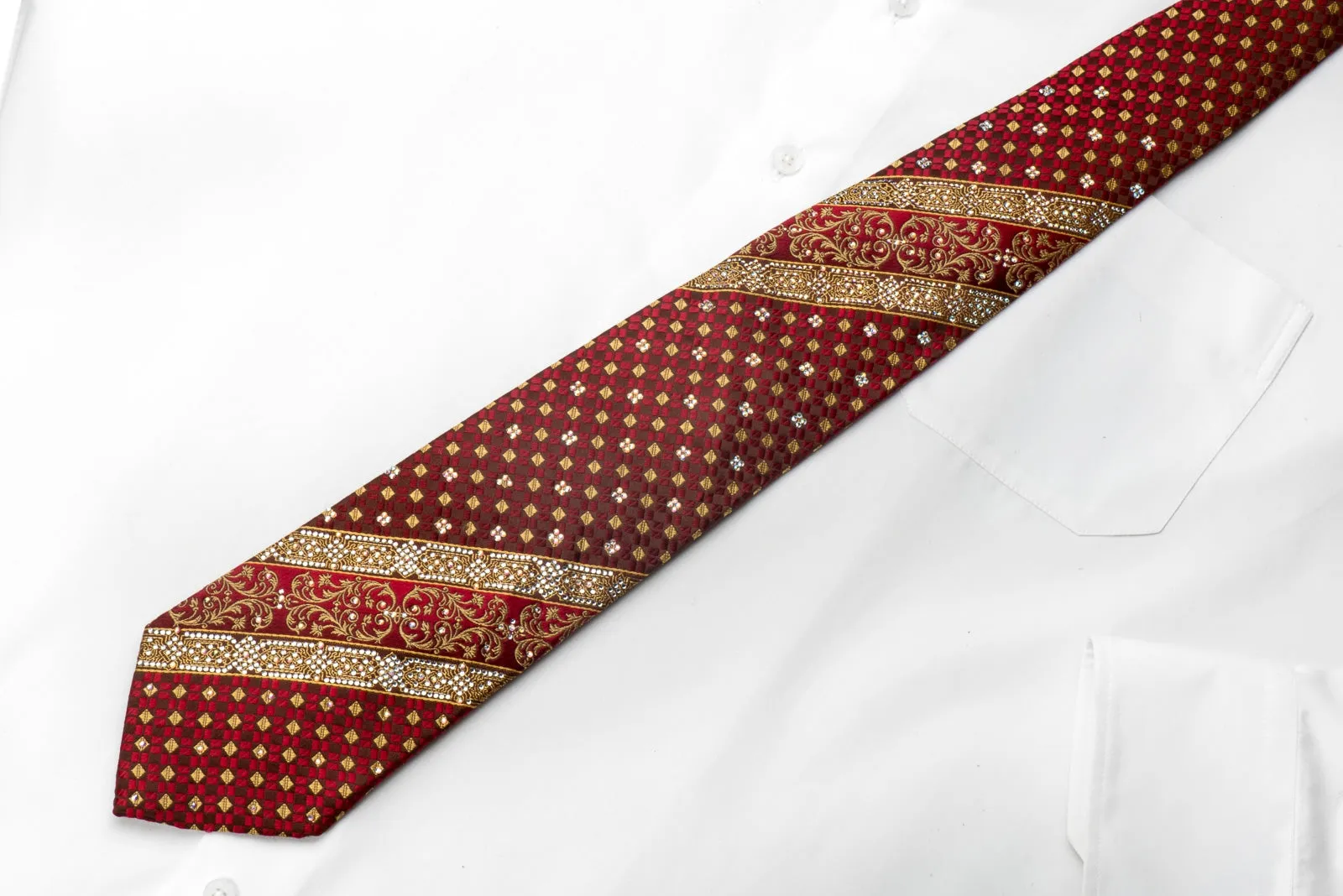 Renoma Men's Silk Necktie Gold Red Cartouche Checker On Burgundy Sparkling With Rhinestones