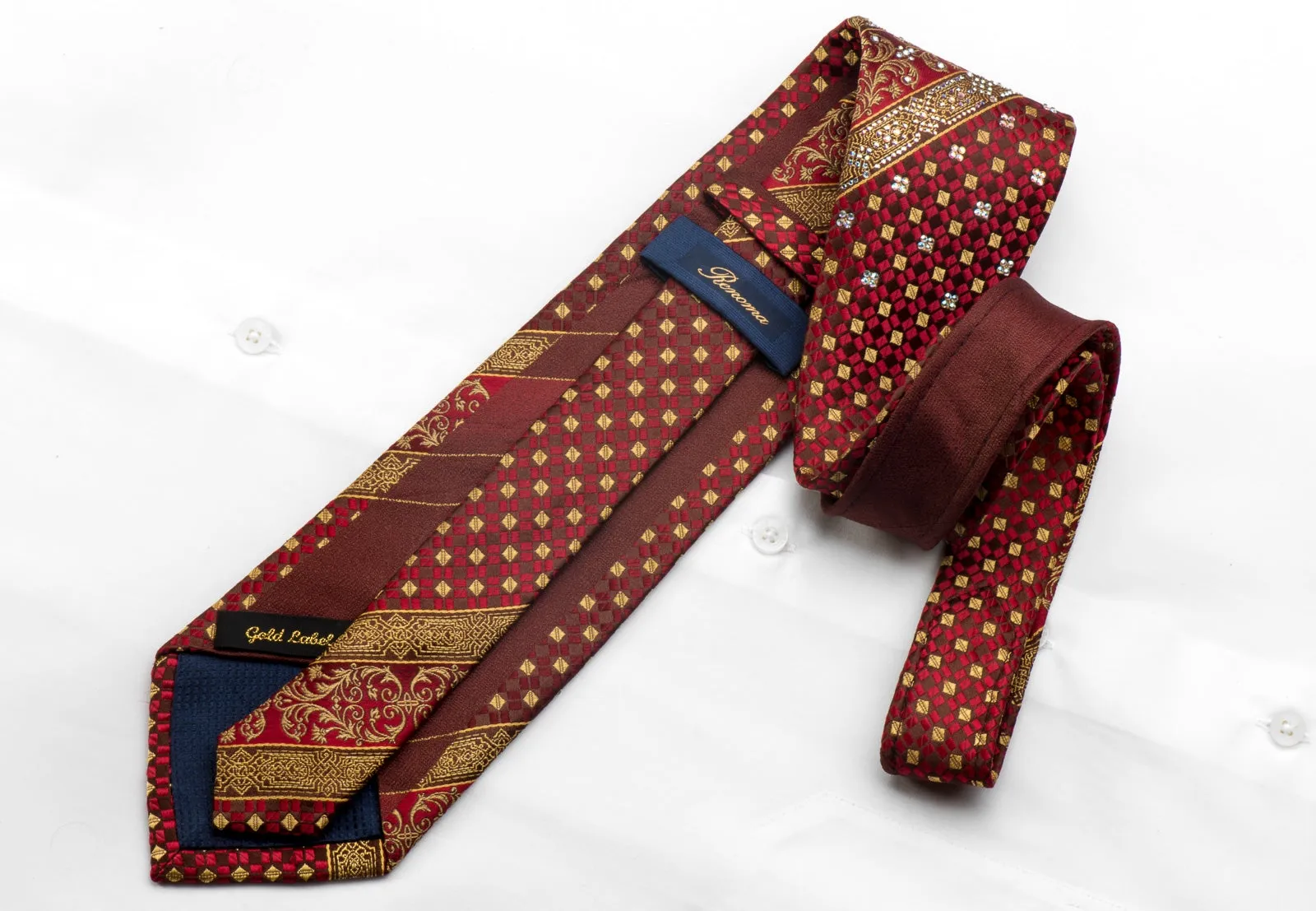 Renoma Men's Silk Necktie Gold Red Cartouche Checker On Burgundy Sparkling With Rhinestones