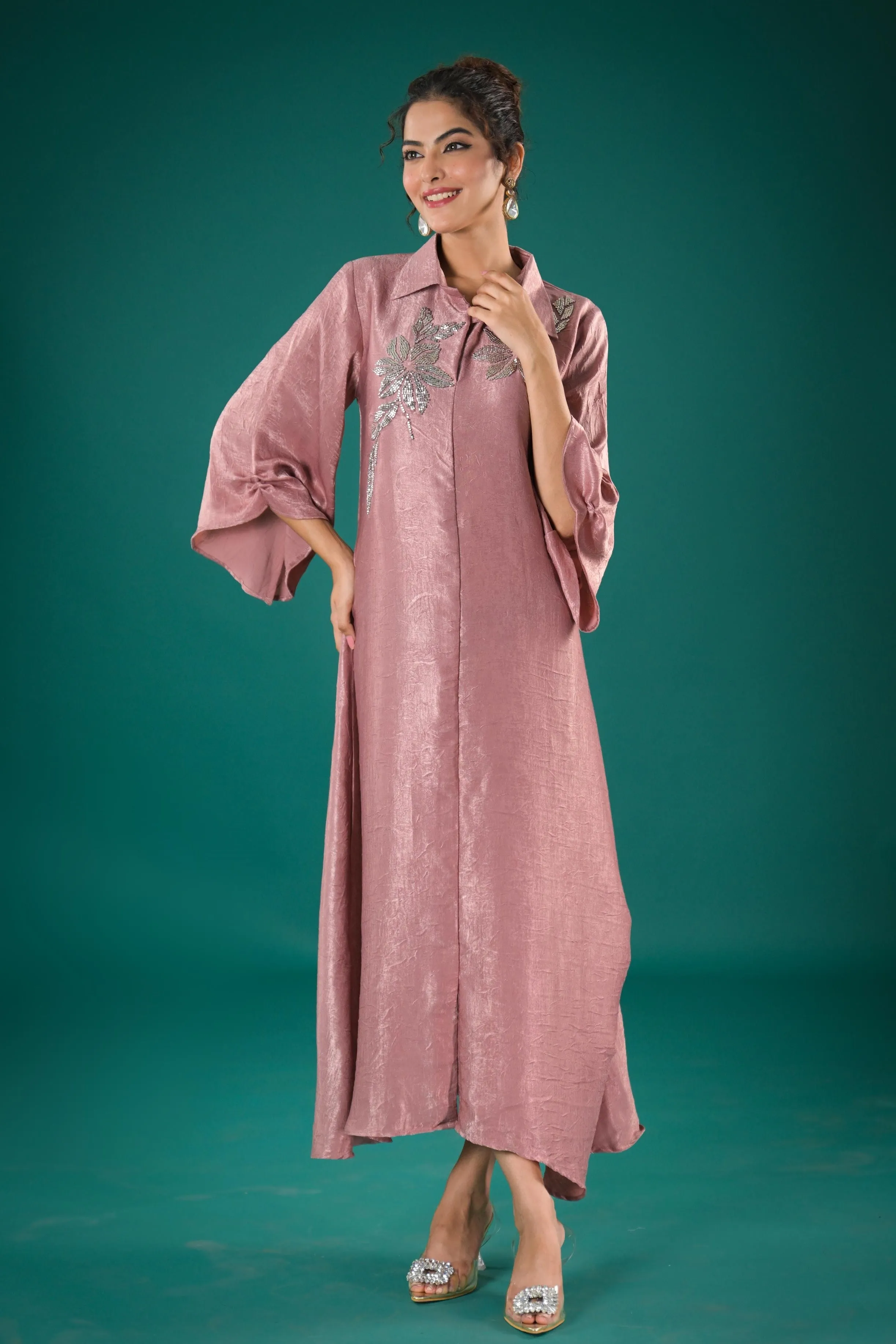 Rose Gold Embellished Italian Paper Silk Dress