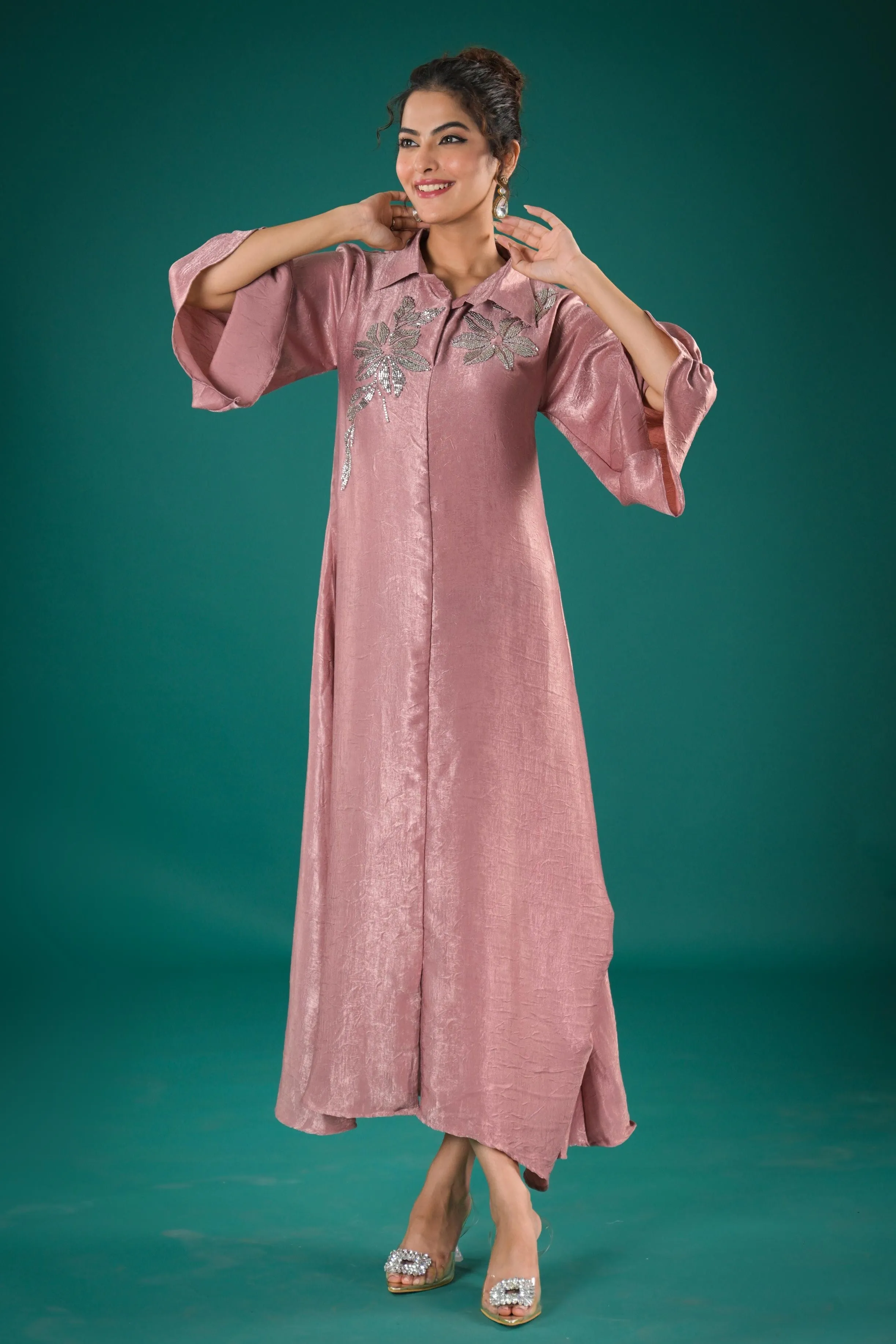 Rose Gold Embellished Italian Paper Silk Dress