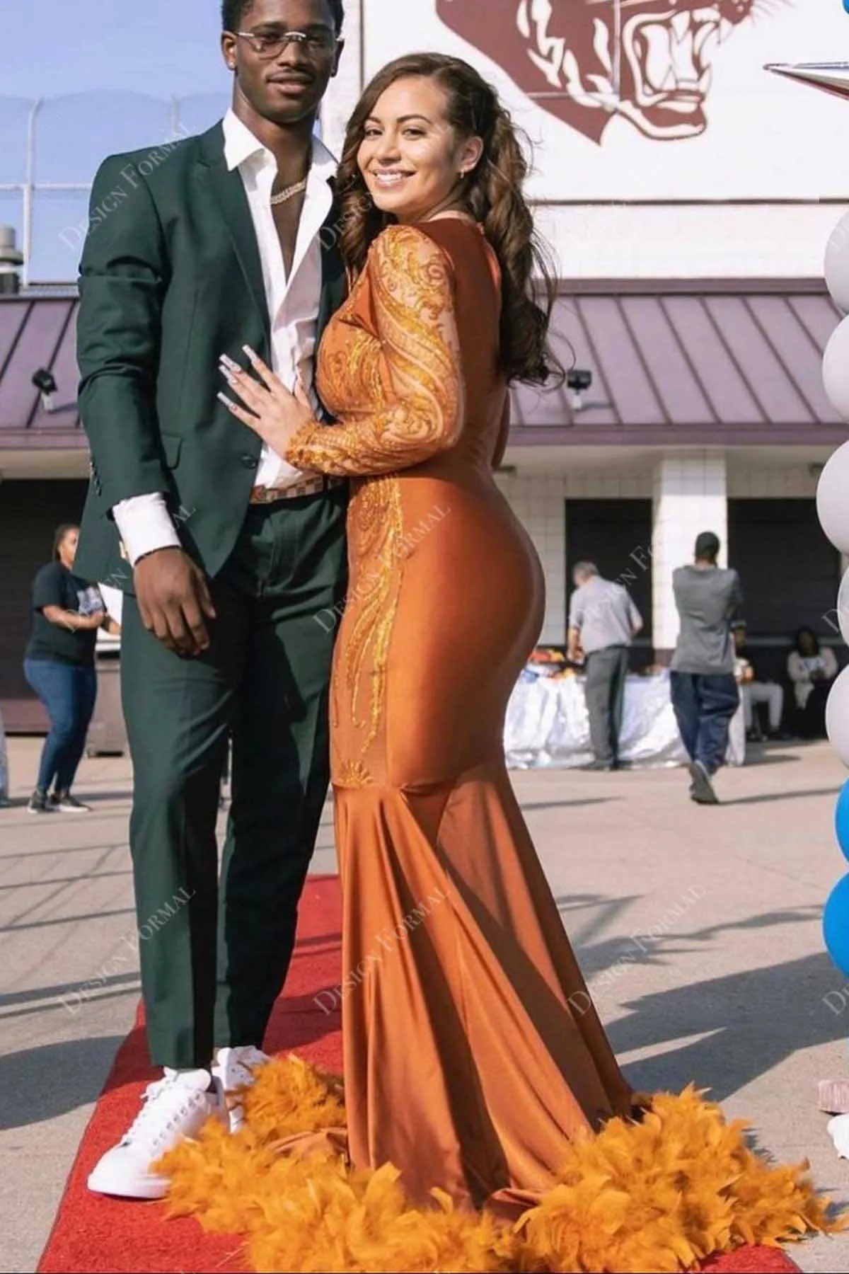 Rusty Feathered Mermaid Unique Sequined Sleeve Custom Prom Dress