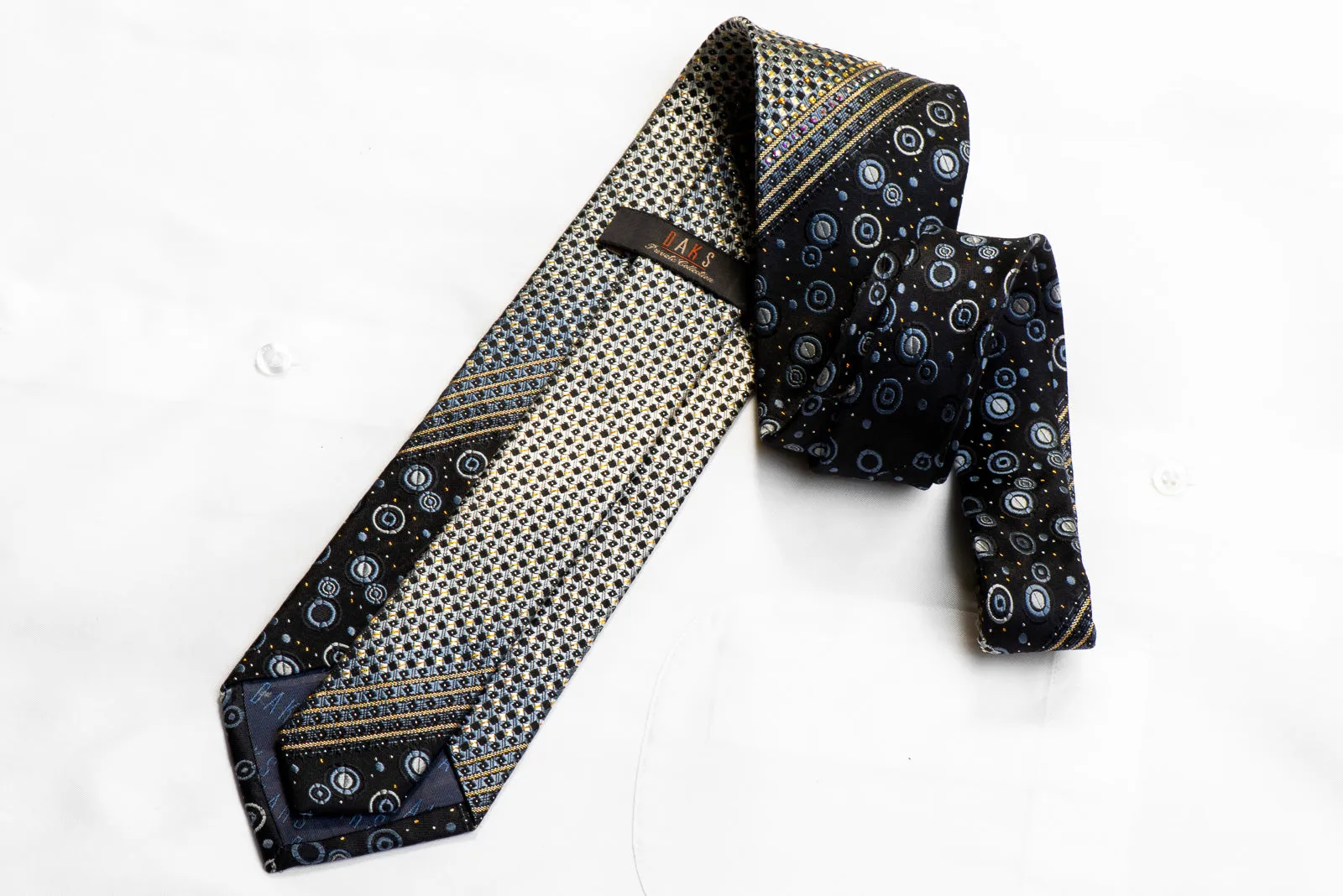 Silver Geometric Gold Striped On Black With Sparkles Rhinestone Silk Necktie
