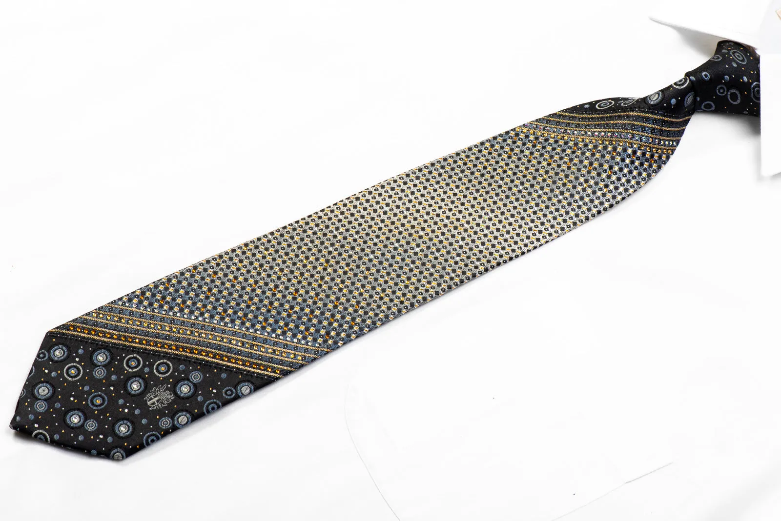 Silver Geometric Gold Striped On Black With Sparkles Rhinestone Silk Necktie