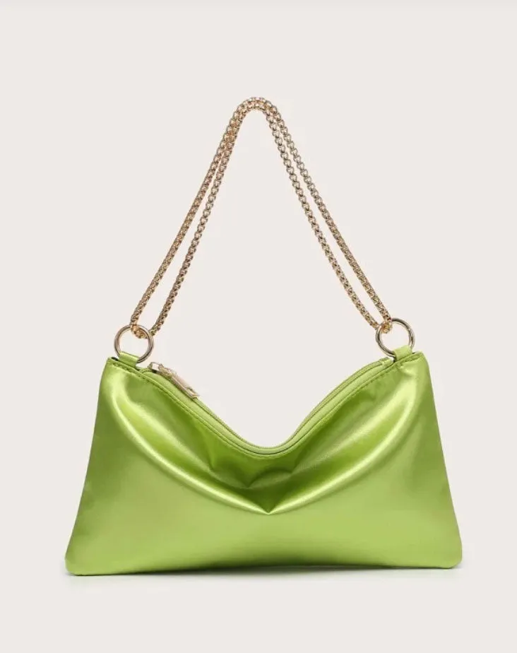 Stylish Lime Green Satin Ring Linked Square Bag
