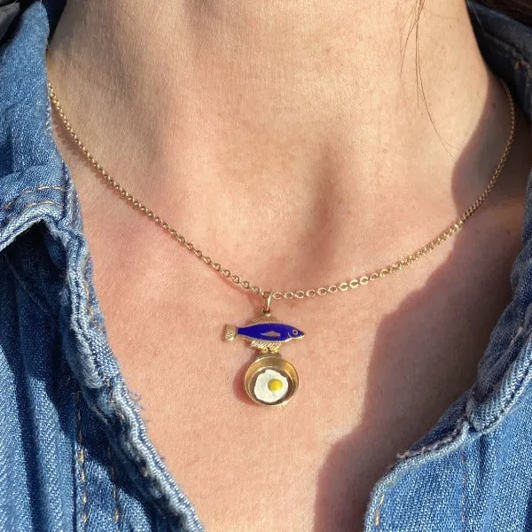 Vintage Enamel Fish & Fried Egg Charm Pendant
