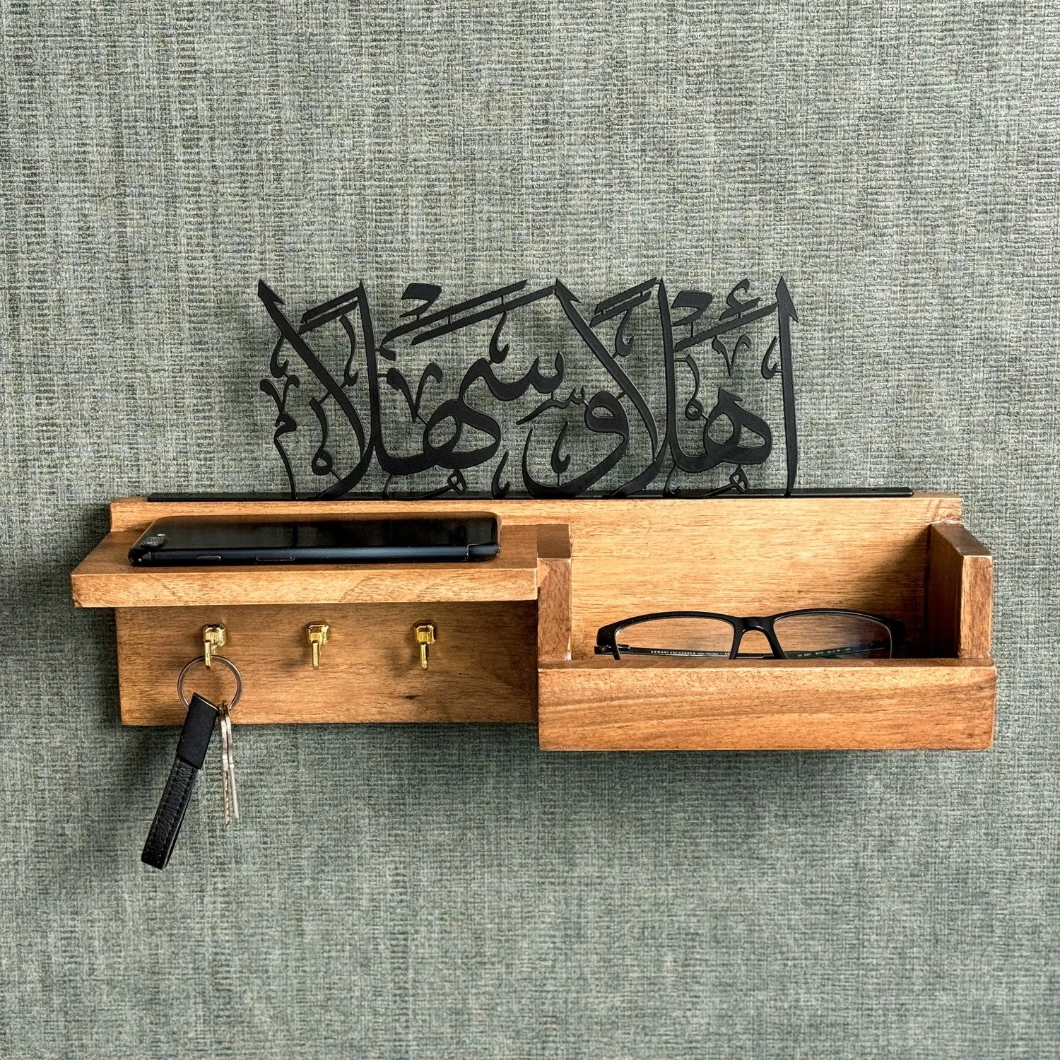 Wood Key Holder - Ahlan Wa Sahlan Arabic Calligraphy Muslim Home Decor