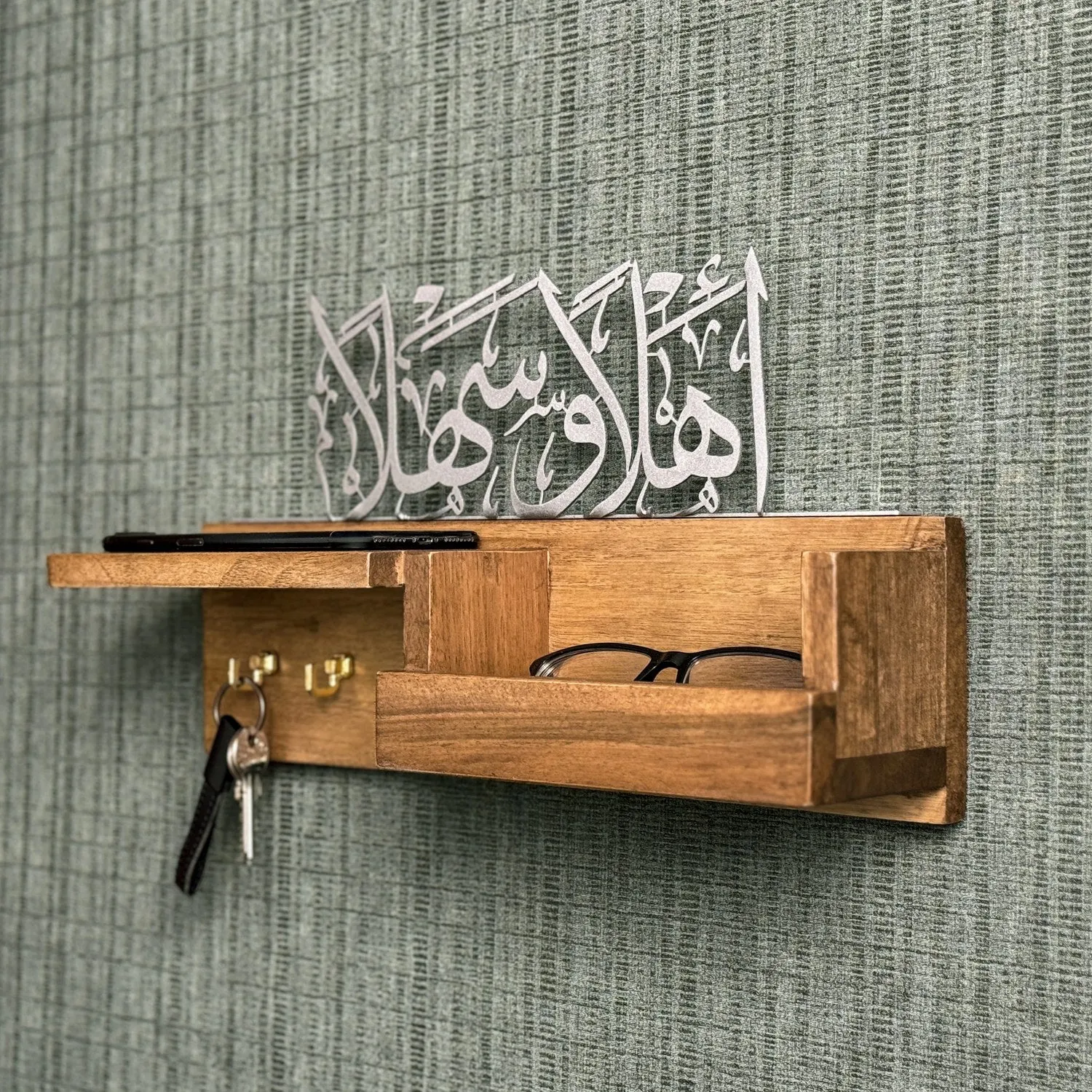 Wood Key Holder - Ahlan Wa Sahlan Arabic Calligraphy Muslim Home Decor